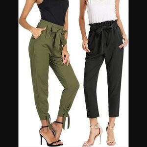 Grace Karin Cropped High Waist Pants | S | Stretch, Belted, Black Army Green NWT